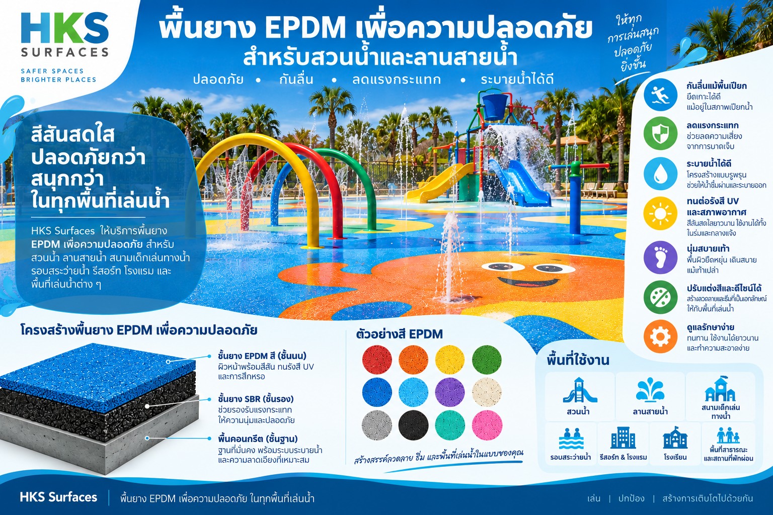 พื้นยาง EPDM เพื่อความปลอดภัยสำหรับสวนน้ำและลานสายน้ำ